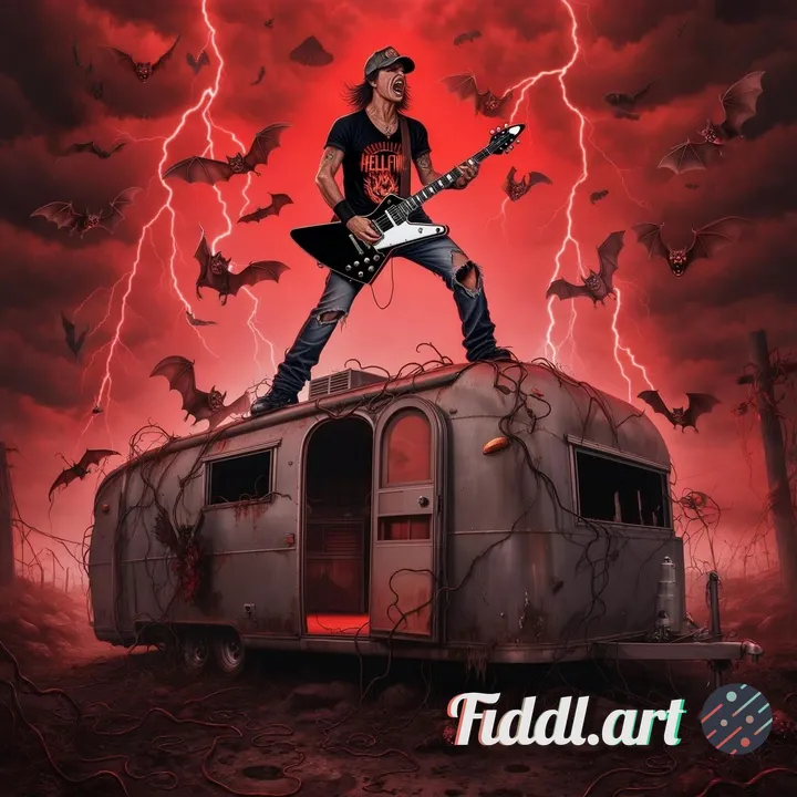 A movie poster featuring a heroic figure from the photo, standing atop a wrecked trailer and playing