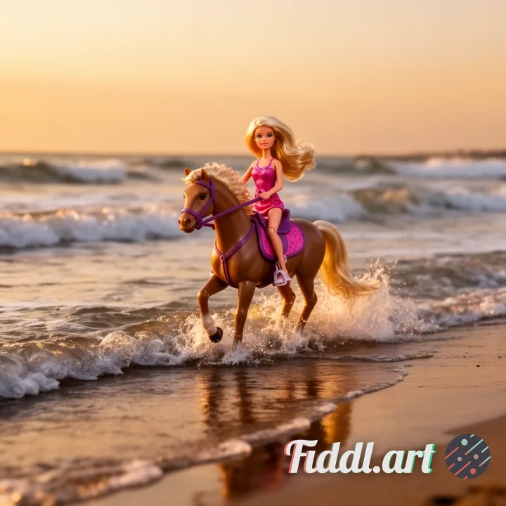Use Barbie model and use golden hour low light ultra realistic image of barbie on horse back riding 