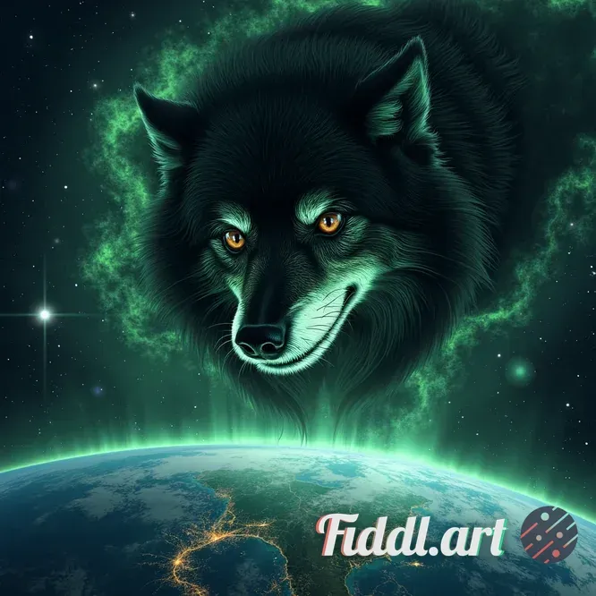 From the vantage of deep space, behold a colossal black wolf’s head emerging from swirling nebulae a