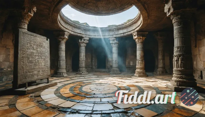Interior of an ancient fantasy temple. A large circular chamber with wall-mounted columns and intric