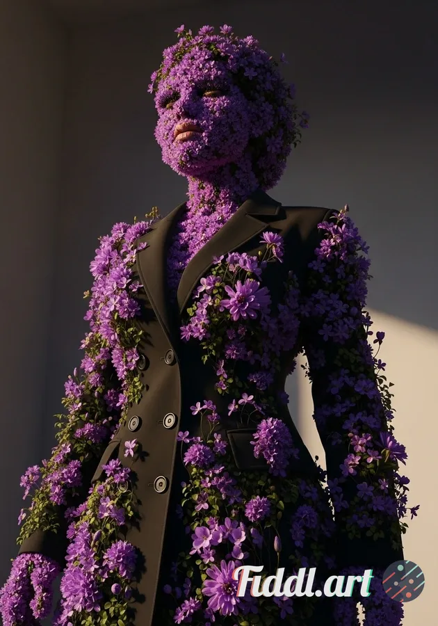 Media Index 0 | Low angle surreal conceptual portrait of a female figure entirely made of lush purple flowers and bl