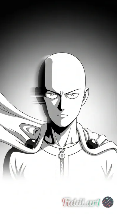 Minimalist monochrome portrait of Saitama, blank expression, angry expression, faint motion blur tra