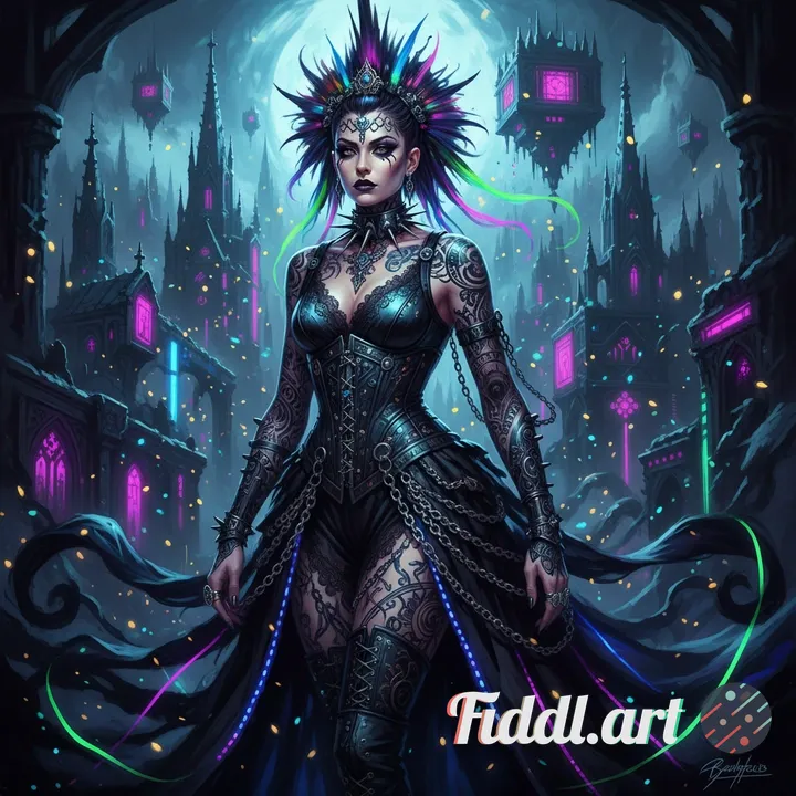 A beautiful woman with a striking gothic rave punk aesthetic, featuring a mix of extravagant vintage