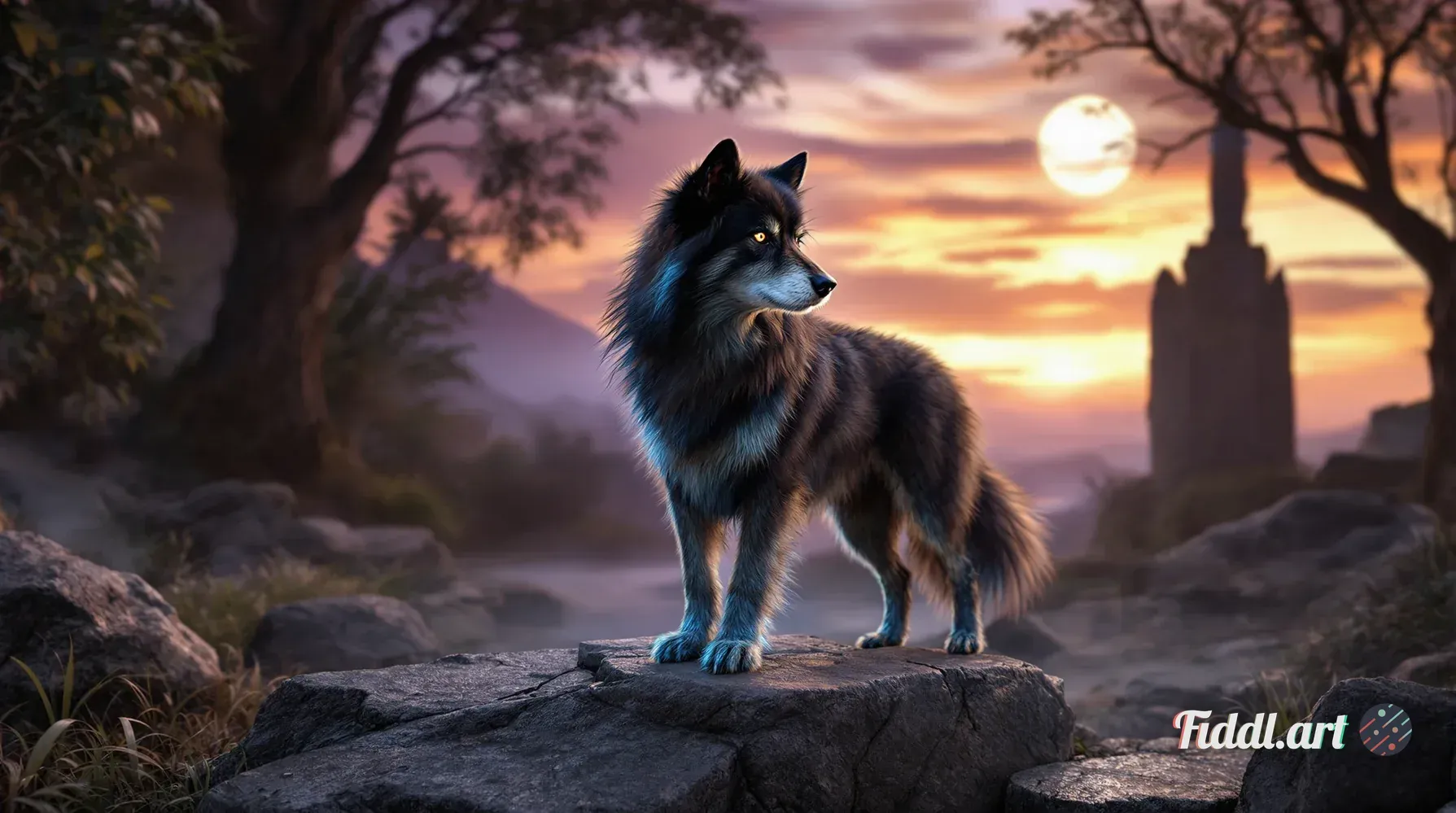 Hyper-realistic cinematic rendering of a majestic Loth-wolf standing proudly atop an ancient, weathe