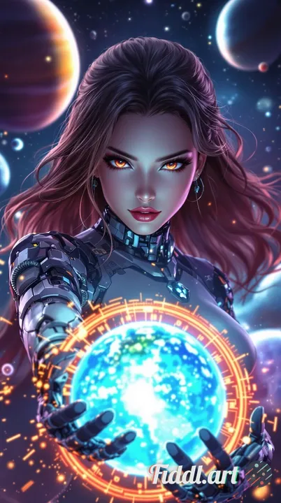 A stunning cinematic 8K ultra-detailed illustration of a beautiful and powerful female space bounty 