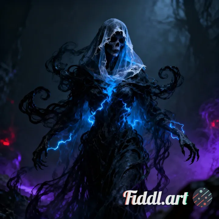 a dark fantasy necromancy spell that looks like a grim banshee made of black and blue energy with a 