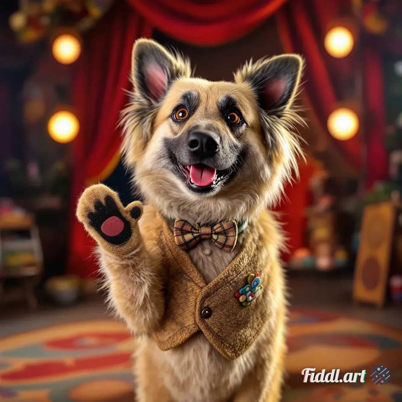 A whimsical and expressive dog designed in the style of a classic Muppet character, featuring bright