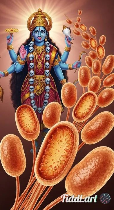  image of mitochondria with a copper color and mother kali in a protective stance in the background 