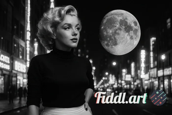 woman looking at the moon in a city flashy street