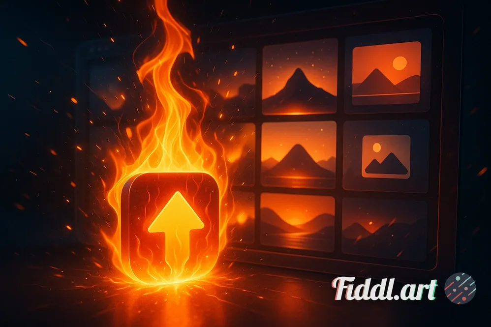 A vibrant, digital concept illustration of an 'upvote' fire icon glowing intensely, igniting a drama
