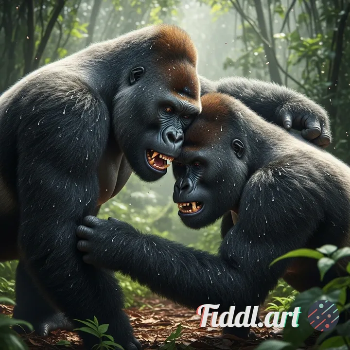 Creame una imagen en 8k realista de dos gorilas musculados, necesito que uno le este dando un cabeza