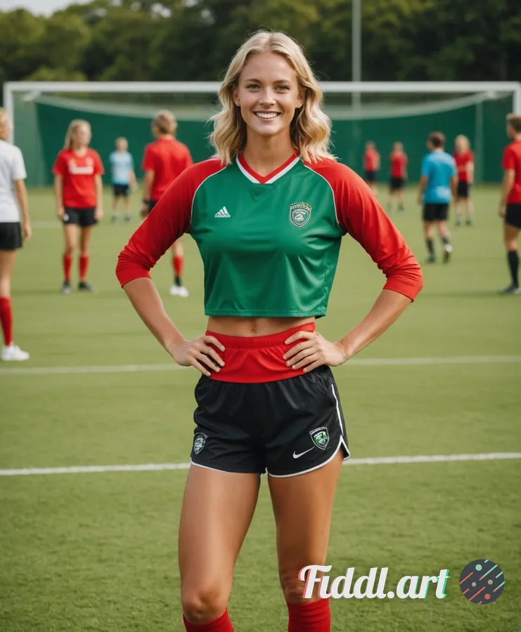 Media Index 0 | A beautiful blonde supermodel stands on a vibrant green football pitch, her radiant smile beaming wi