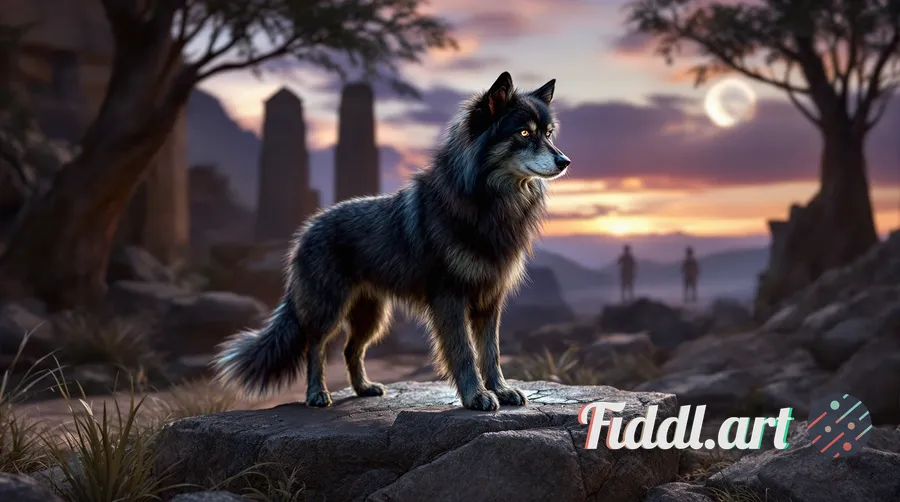 Hyper-realistic cinematic rendering of a majestic Loth-wolf standing proudly atop an ancient, weathe