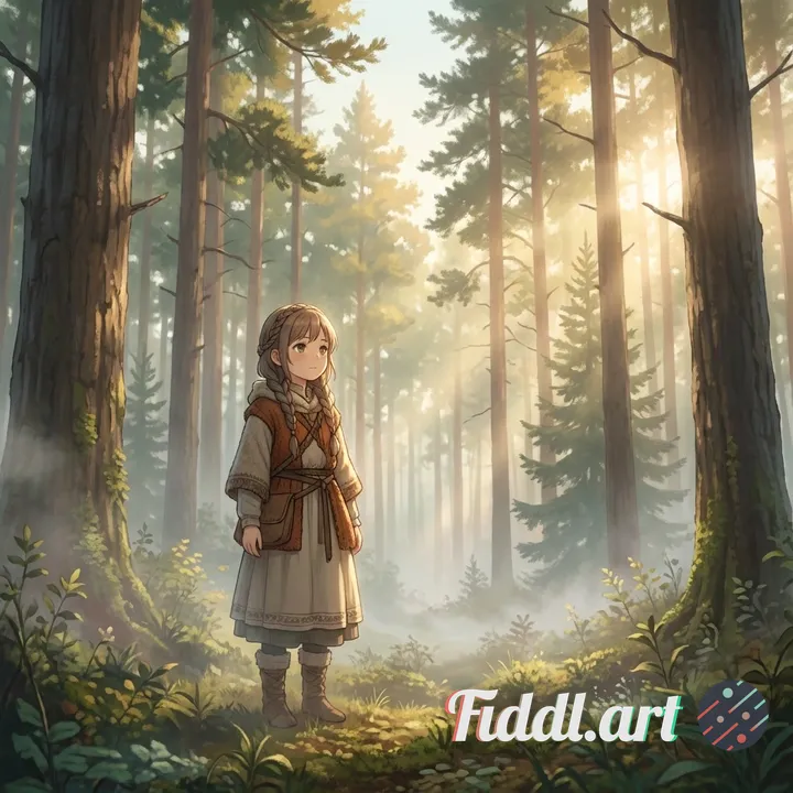 A young girl standing in a quiet morning forest, soft sunbeams filtering through tall pine trees, ge