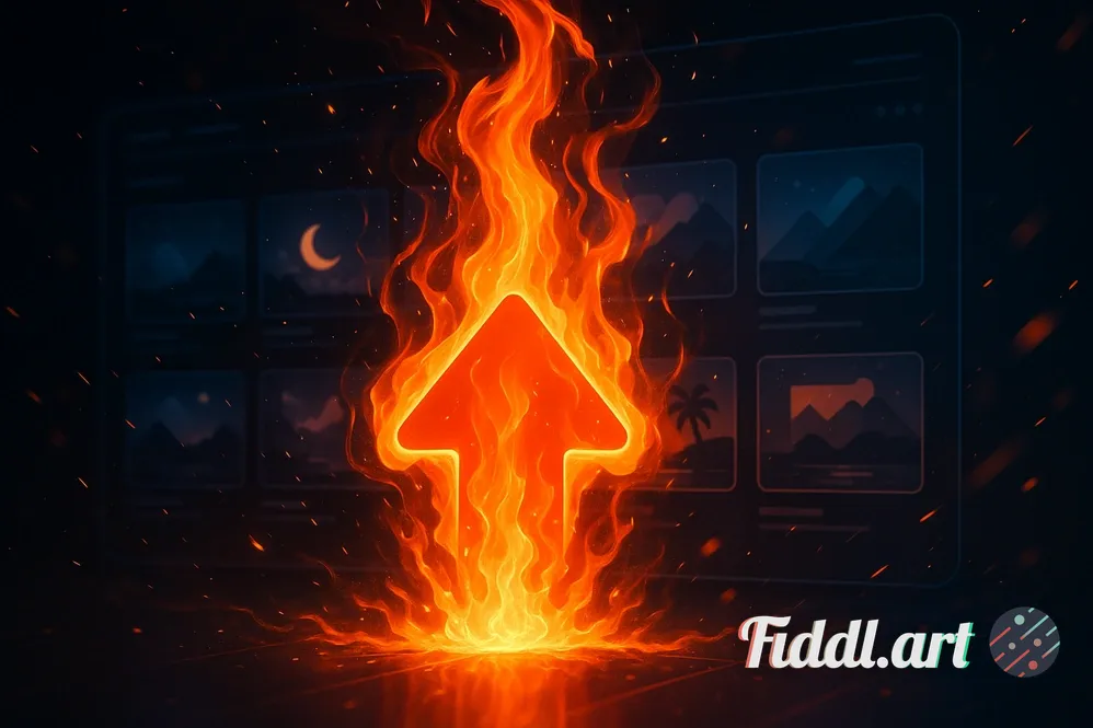 A vibrant, digital concept illustration of an 'upvote' fire icon glowing intensely, igniting a drama