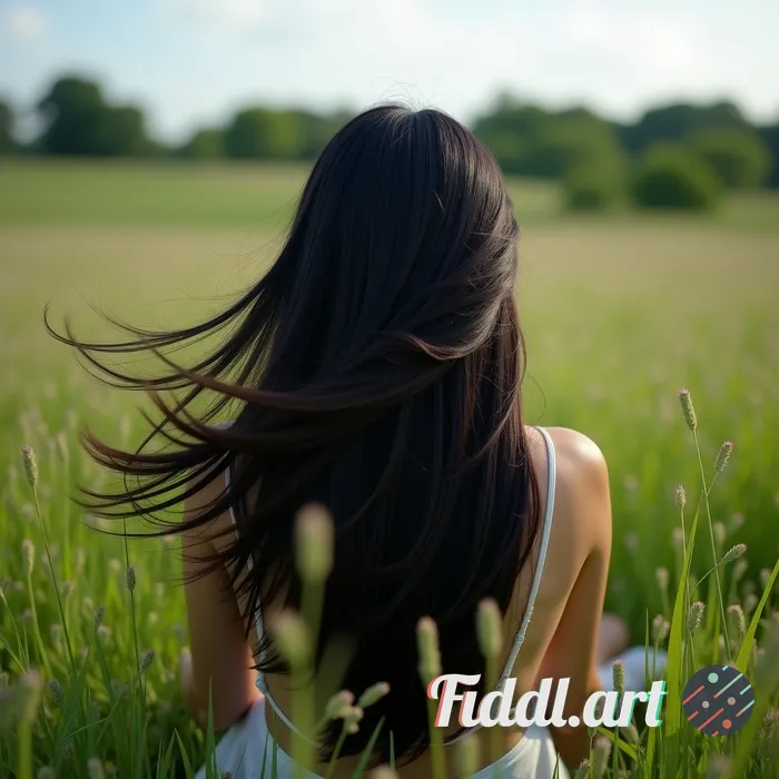 Wide static shot of a lush meadow, capturing a frontal view of a woman sitting in the grass with lon