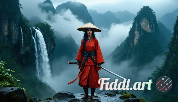 A fierce female samurai wearing a bamboo hat, standing on a misty mountain ridge in heavy rain and d