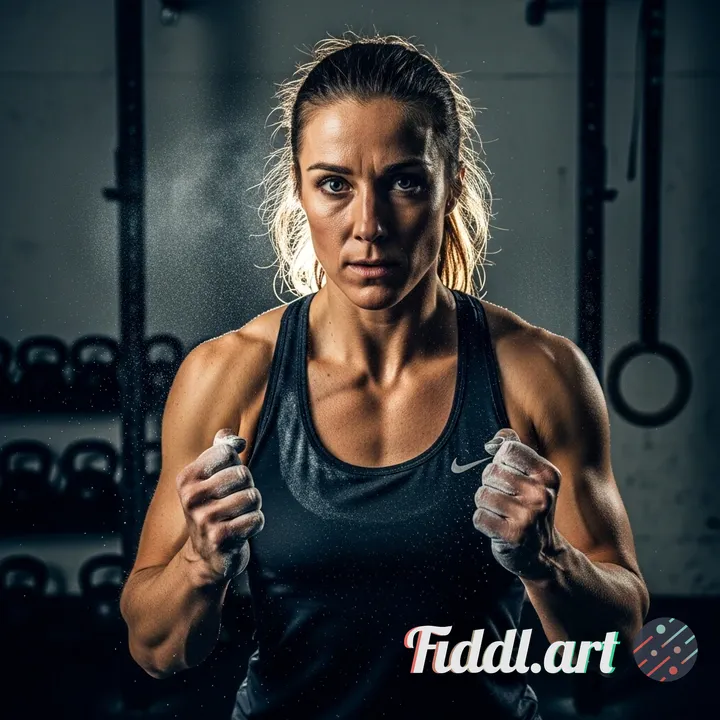 medium shot (chest up), subject ≥ 70–85% of frame, eyes near top third, industrial gym wall, kettleb