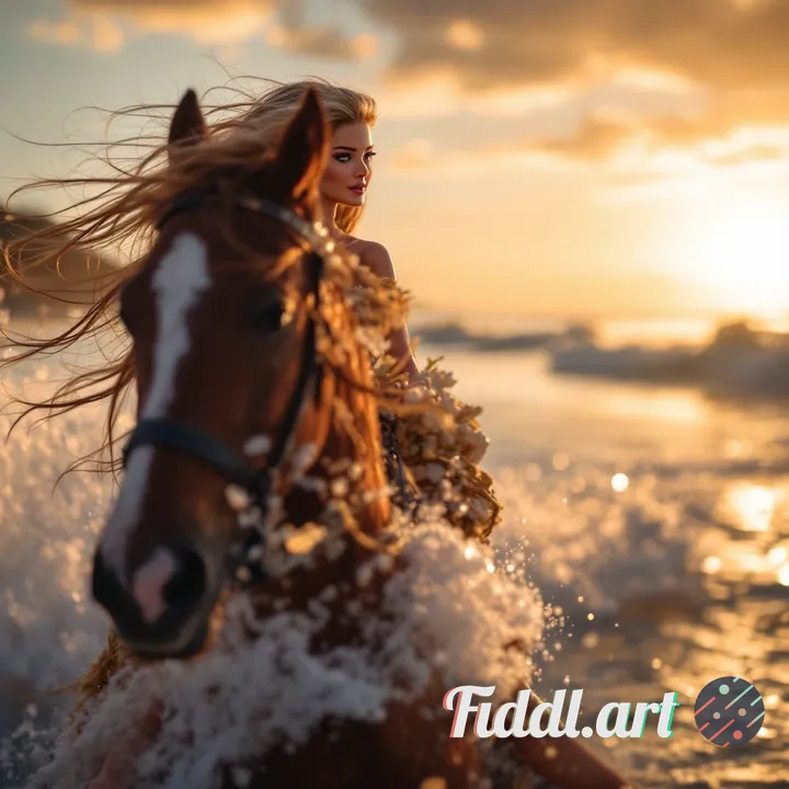 create with his model at the golden hour low lighting an image of Barbie on a horse riding in the wa