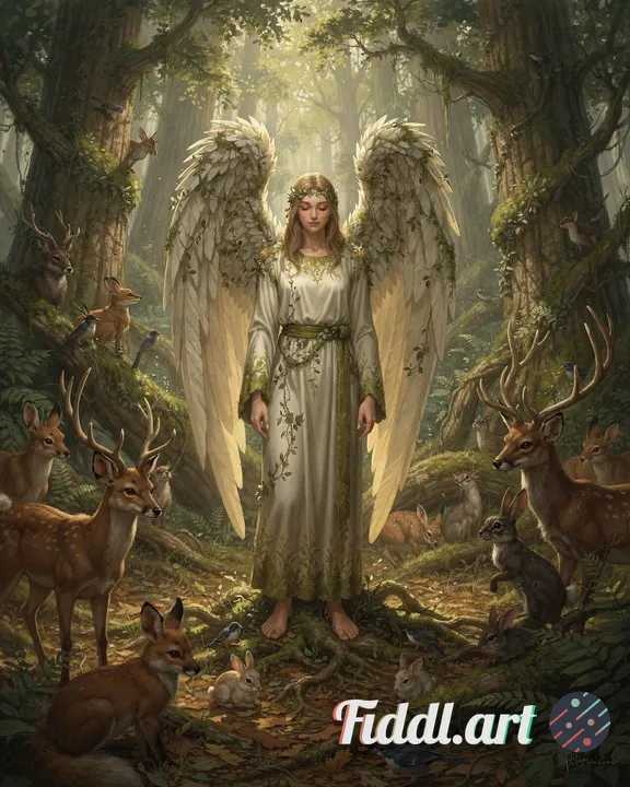 Digital painting, A serene forest guardian angel standing quietly among ancient trees. Soft light fi