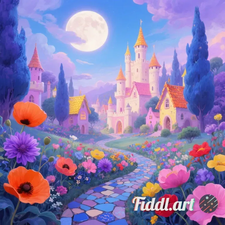 Magical fairytale village with whimsical medieval towers and castle spires in soft pastel colors - c