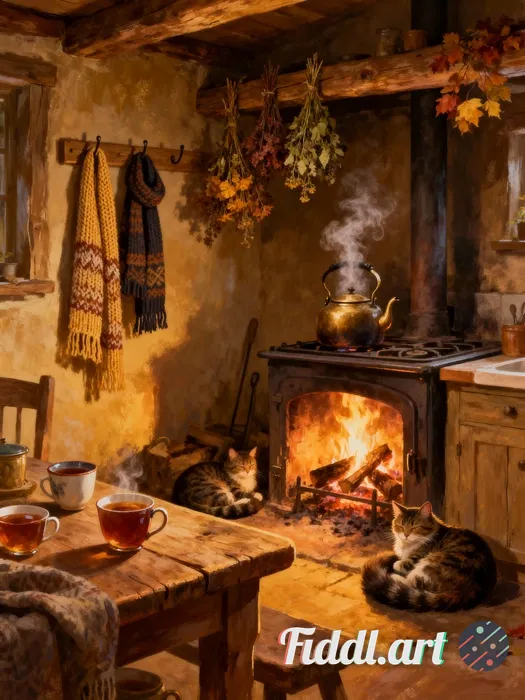 Digital painting of A rustic kitchen with a crackling fireplace, steaming kettle, cups of tea, knitt