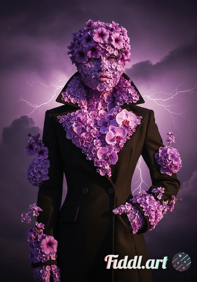 Media Index 0 | surreal conceptual portrait of a female figure entirely made of lush purple flowers and blooming , w