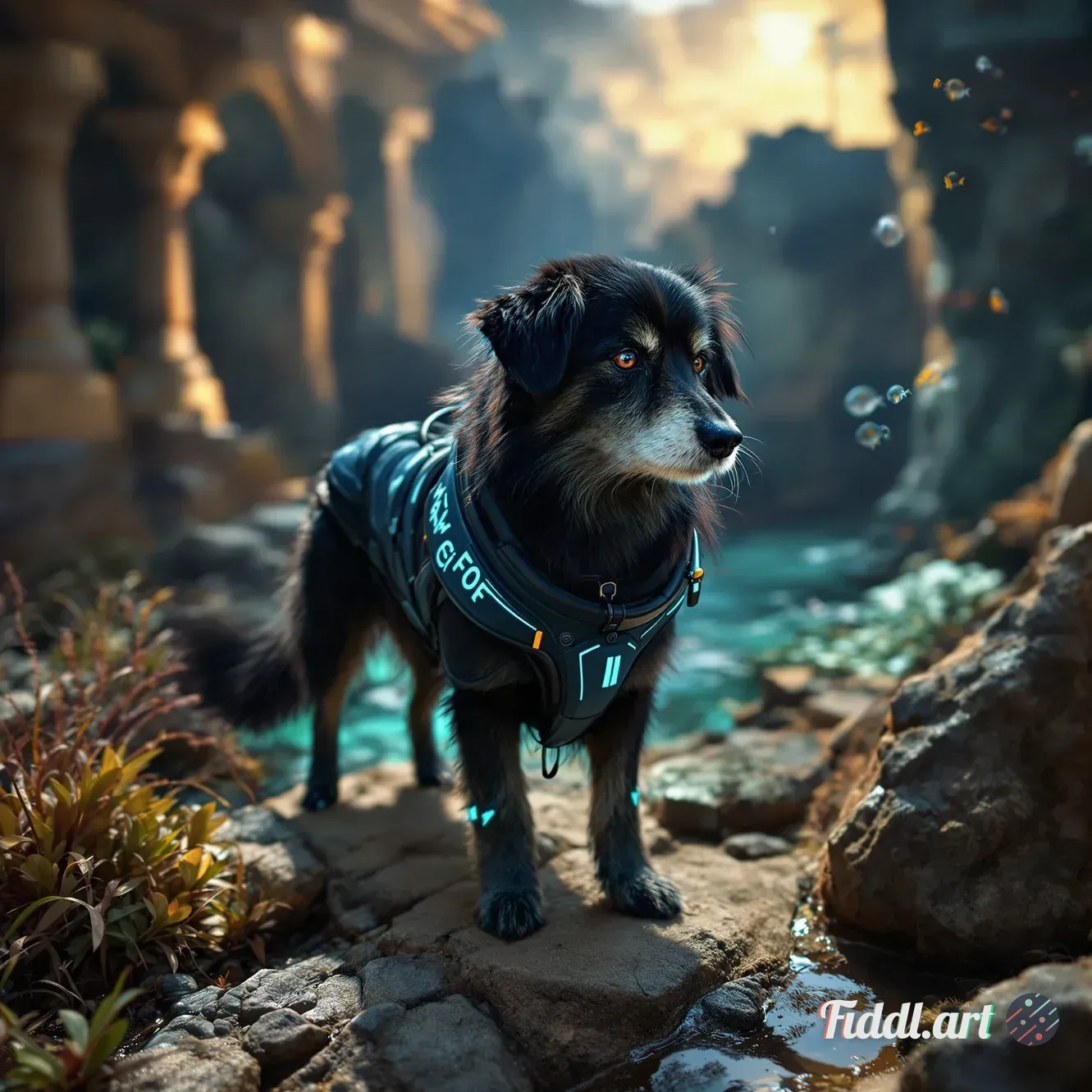 A breathtakingly realistic dog equipped with a sleek, high-tech diving suit adorned with intricate b