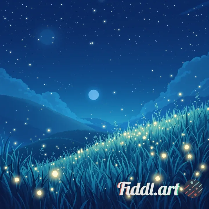 anime night scenery, hill covered in tall grass, glowing fireflies floating around, soft blue moonli