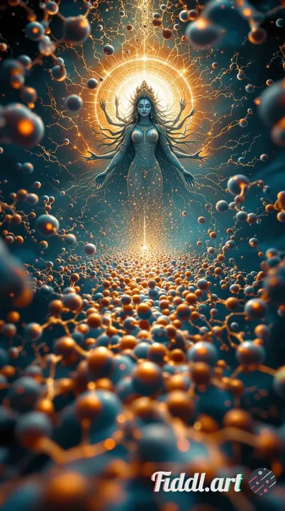  image of mitochondria with a copper color and mother kali in a protective stance in the background 