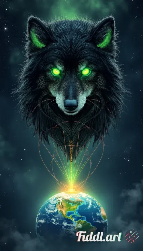 From the vantage of deep space, behold a colossal black wolf’s head emerging from swirling nebulae a