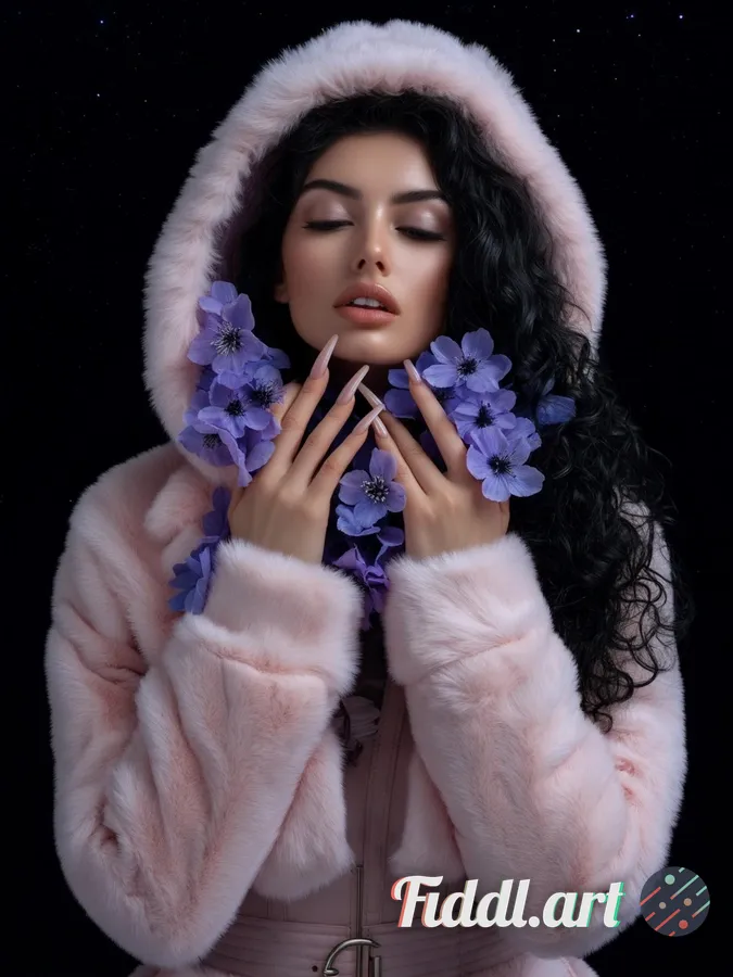 Media Index 0 | female model with light pink fur jacket with a hood on touching her face with hands made out of gent
