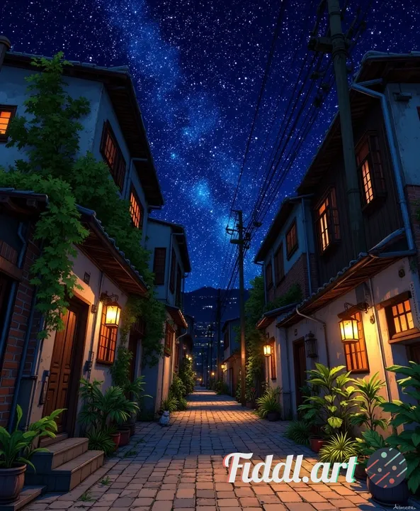 Photorealistic CoMix Wave Films–style night alley. Warm lanterns reflecting on wet stone tiles, vine