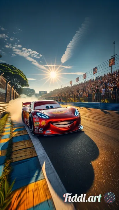 Lightning McQueen racing on the racetrack l on a bright day afternoon 