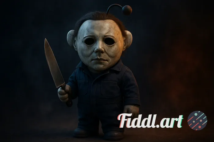 	A hyper-realistic 3D render of a small white cartoon mascot styled as Michael Myers from the Hallow