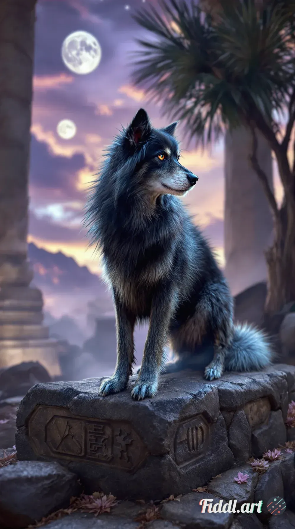 Generate a hyper-realistic digital painting of a Loth-wolf in a sacred, spiritual setting on Lothal.