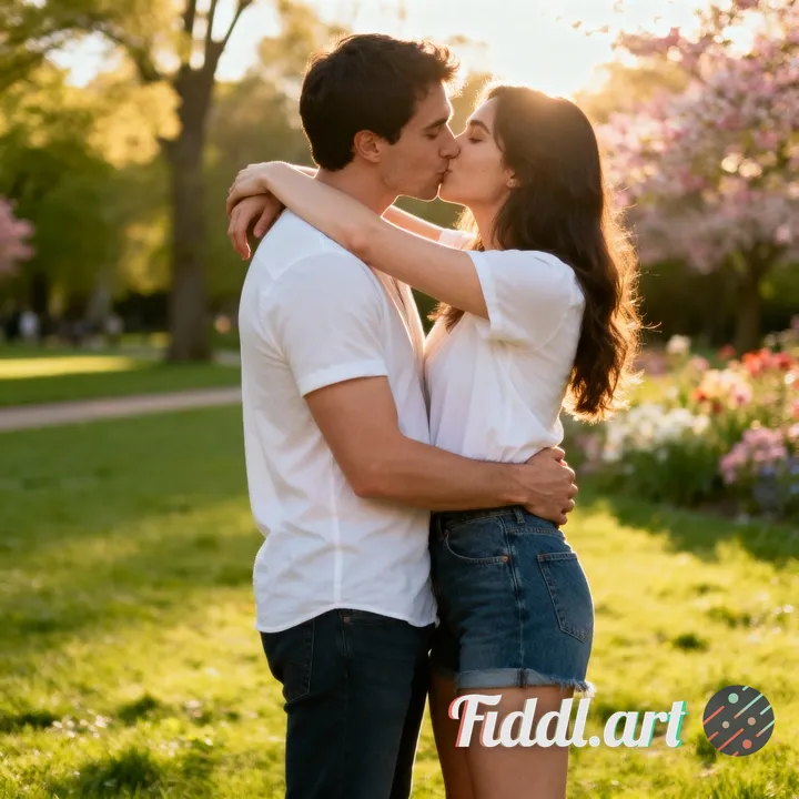 couple kissing in the park. man's left arm around woman's waist, right arm around woman's shoulders.