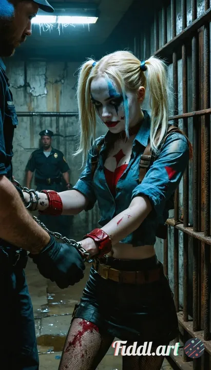 Harley Quinn costume from 2018 movie, Margot Robbie, in a grimy prison cell being handcuffed by a st