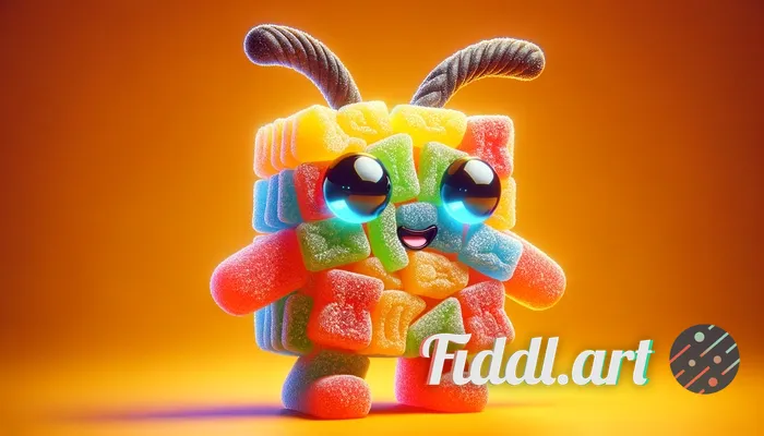 3D render of a cute mascot inspired by the Reddit alien, sculpted entirely from colorful sour patch 
