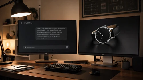 A designer's workspace showing a screen with a detailed text prompt typed into a ChatGPT interface alongside a professional-looking AI-generated product image on a second monitor.