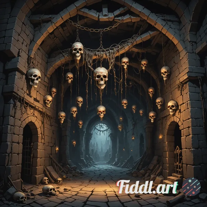 Create high quality concept art of an old castle dungeon with some cobwebs, that has skulls with gen