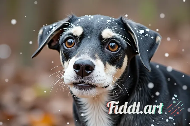 Finnish laphound dog. Left ear is down, right up. Black and white. Eyebrows ar circular.  Make light