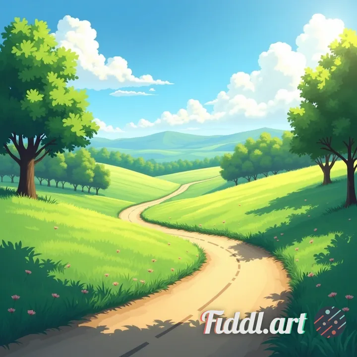 anime countryside road curving through green fields, warm morning sun, soft painterly foliage, clean