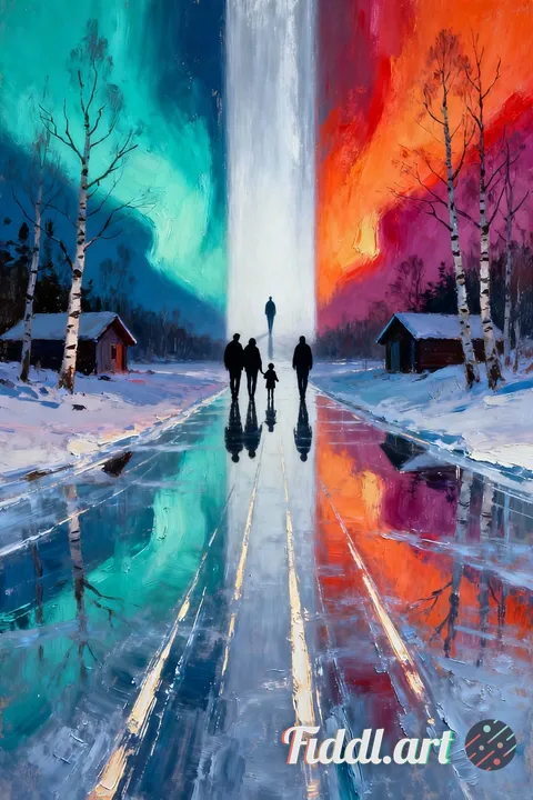 A cinematic, surreal winter landscape painted in a highly textured impasto oil painting style, thick