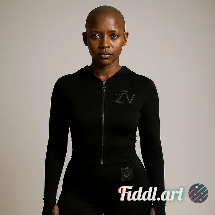 bald realistic and textured south african woman, no smiling , wearing black ZÚV set like image, add 