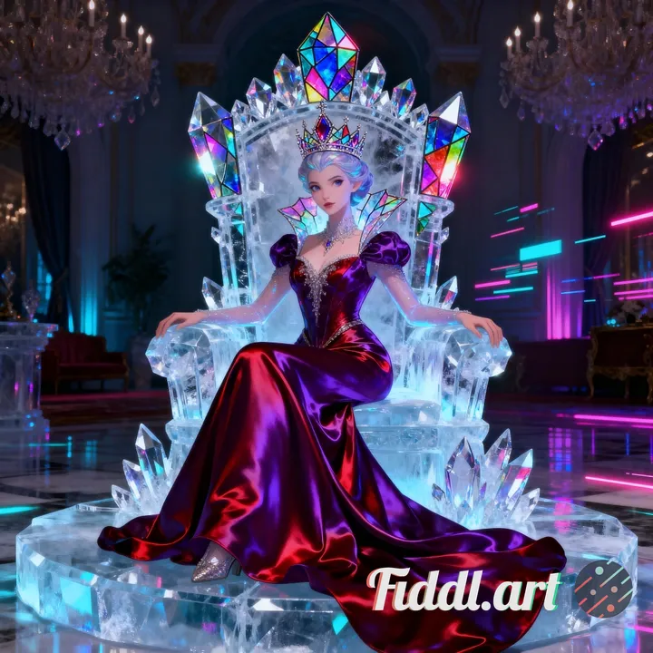 a Chrysalis breathtaking beautiful majestic Queen on a Ice glass throne, Her royal Outfit is deep sa