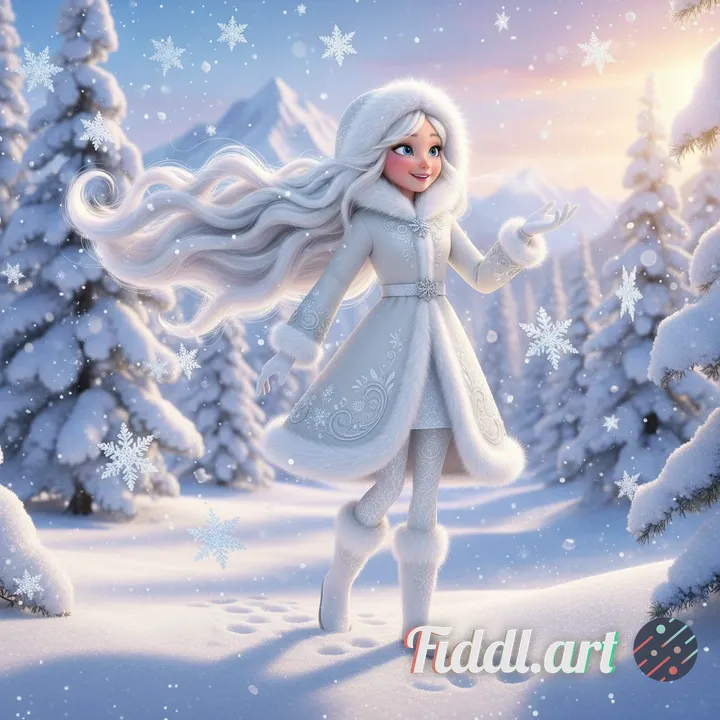 A beautiful Pixar-style girl with long, flowing white hair, wearing an elegant white winter outfit w