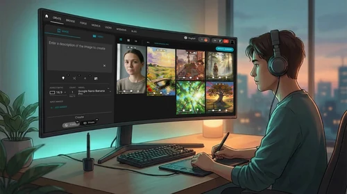 A digital artist uses an AI creation platform, generating images and earning rewards, symbolizing the flexible, no-subscription access offered by Fiddl.art.