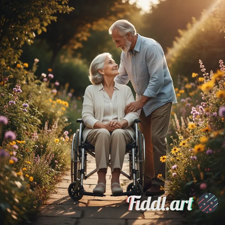 An elderly couple, one seated in a wheelchair, the other standing beside them, gazing lovingly at th