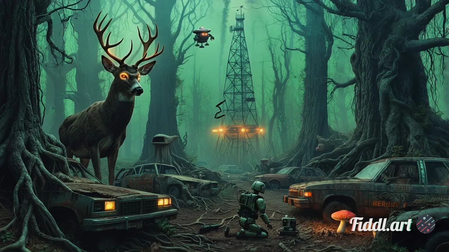 A dense, irradiated forest filled with towering, twisted trees that glow faintly with bioluminescenc